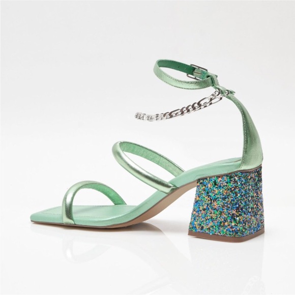 Free People Parker Chain Heel Green Metallic Strappy Sandal Shoe Glitter - Picture 7 of 16